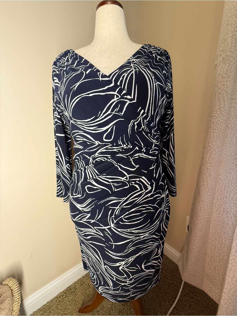 Lauren Ralph Lauren Navy & White Abstract Wrap Sheath Dress